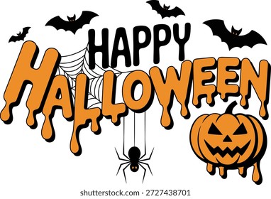 Halloween Typografie mit integriertem Kürbis Gesicht.Spooky Halloween Kalligrafie Poster Banner Spider Vektor Design.