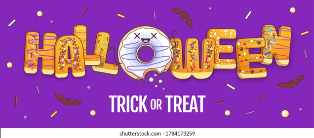 Halloween typography poster with sweet donuts. Vector illustration