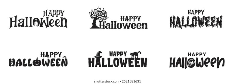 Halloween typography set with 'Happy Halloween' texts in black isolated on transparent background. Spooky, Creepy, horror-themed text designs vector format. Includes Halloween themed icons with text. 