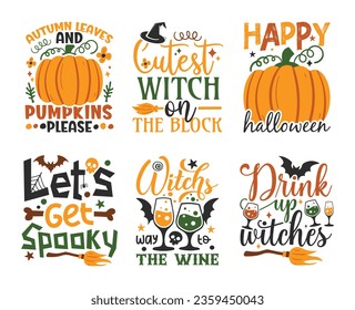 Halloween Typography T-shirt Design Set and Spooky Elements