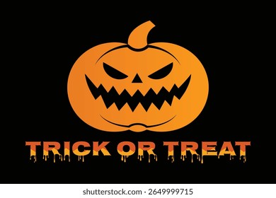 Ilustração vetorial de tipografia de Halloween. Abóbora de halloween assustadora com truque gotejamento ou tratar o texto no fundo preto