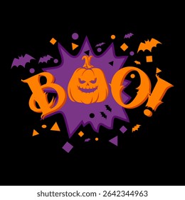 Halloween typography vector with orange BOO text and carved pumpkin, set on a purple burst background with flying bats and geometric accents for seasonal greeting design or banner
