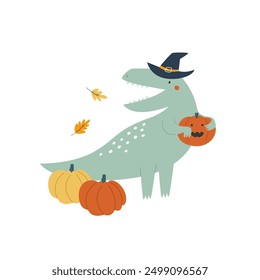 Halloween Tyrannosaurus-Rex Dinosaurier Illustration, Spooky Dino mit Kürbissen.