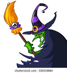 Halloween ugly witch in a hat with a broom on white isolated background. Vector illustration