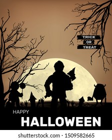 Halloween under the moonlight, vector elements (moon, tree branches, zombies, tombstones, grass)
