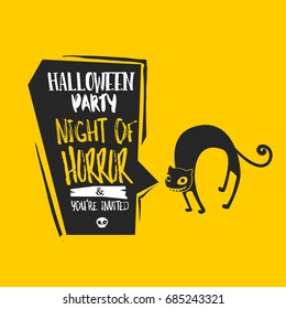 Halloween undomestic cat vector illustration. Happy Halloween invitation to Halloween party. Cloud frame yellow background. Sketch flayer design.