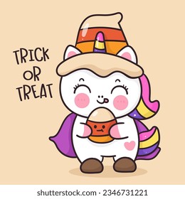 Halloween unicorn cartoon holding candy corn (kawaii animals). Series: Happy festival Trick or treat kids Holiday activities. Perfect make a wish for background, card, pattern, nursery wall and shirt.