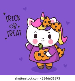 Halloween unicorn cartoon holding pumpkin jack o lantern (kawaii animals). Series: Happy festival Trick or treat kids Holiday activities. Perfect make a wish for background, card, pattern, nursery.