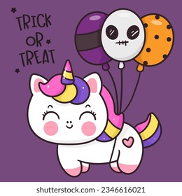 Halloween unicorn cartoon with party balloon (kawaii animals). Series: Happy festival Trick or treat kids Holiday activities. Perfect make a wish for background, card, pattern, nursery wall and shirt.