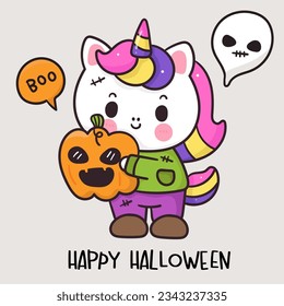 Halloween unicorn cartoon wear Frankenstein costume party hug pumpkin (kawaii animals). Series: Happy festival Trick or treat kids Holiday activities. Perfect make a wish for background, card,pattern.