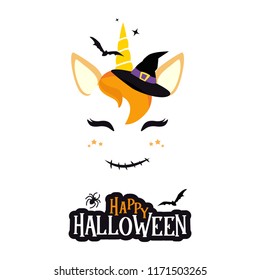 Halloween unicorn character vector graphic design. Cute cartoon unicorn head with Halloween symbols, bat, vampire, spider, witch hat. Happy Halloween greeting card calligraphy