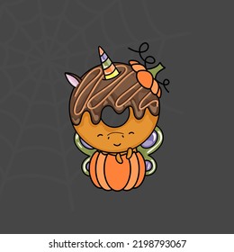 Halloween Unicorn Clipart for Coloring Page and Illustration. Adorable Clip Art Halloween Unicorn Donut. Cute Vector Illustration of a Kawaii Halloween Character Inside a Pumpkin.
