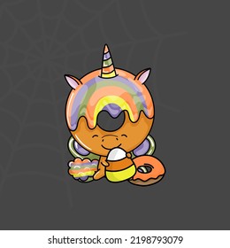 Halloween Unicorn Donut Clipart Multicolored and Black and White. Beautiful Clip Art Halloween Unicorn. Cute Vector Illustration of a Kawaii Halloween Character with Sweets.
