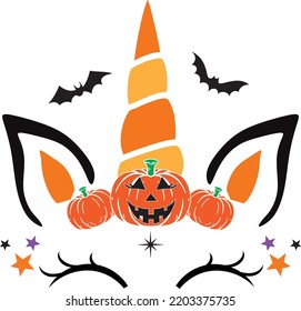 Halloween Unicorn Face Pumpkin, Happy Halloween, Vector Illustration File