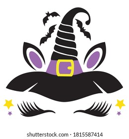 Halloween unicorn face vector cartoon illustration. Witch hat.