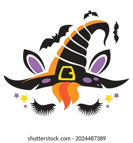 Halloween unicornio cara de bruja portador de dibujos animados