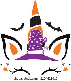 Halloween Unicorn Face, Witch Hat, Vector Illustration Files