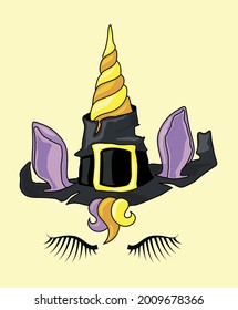 Halloween unicorn head in witch hat