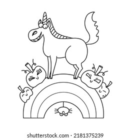 Halloween unicorn illustration for coloring page. Line animal drawing for kids.