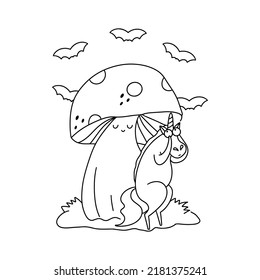 Halloween unicorn illustration for coloring page. Line animal drawing for kids.