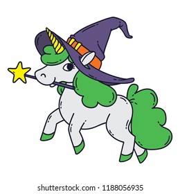 Halloween unicorn with magic wand, witch hat and green mane. Cute doodle art of magic creature. Vector illustration isolated on white background. For print, card, poster, shirt and sticker.