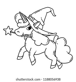 Halloween unicorn with magic wand and witch hat. Cute doodle art of magic creature. Vector illustration isolated on white background. Black and white vector illustration for coloring book.