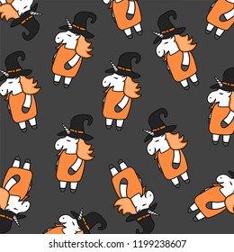 Halloween Unicorn pattern. Vector card with unicorns. Wrapping paper or fabric. Texture for menu, booklet, banner, website. Vector illustration. 