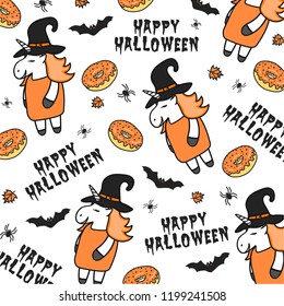 Halloween Unicorn pattern. Vector card with unicorns. Wrapping paper or fabric. Texture for menu, booklet, banner, website. Vector illustration. 