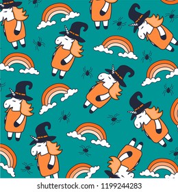 Halloween Unicorn pattern. Vector card with unicorns. Wrapping paper or fabric. Texture for menu, booklet, banner, website. Vector illustration. 