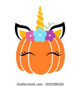 Halloween unicorn pumpkin. Fall unicorn. Happy Halloween. Vector illustration.  Isolated on white background. Good for posters, t shirts, postcards.