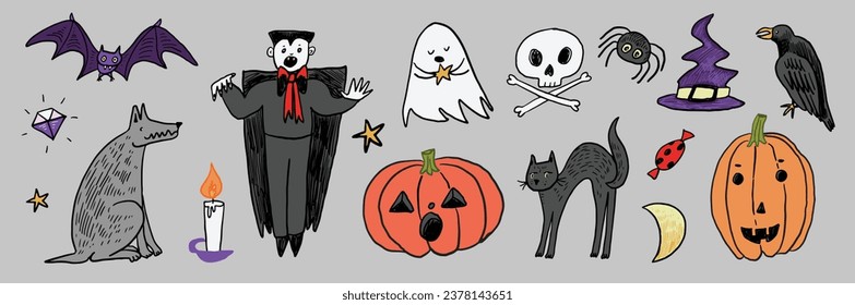 Halloween vampire, bat, pumpkin, ghost, wolf, cat vector illustrations set.