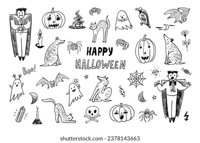Halloween vampire, bat, pumpkin, ghost, wolf, cat vector line illustrations set.