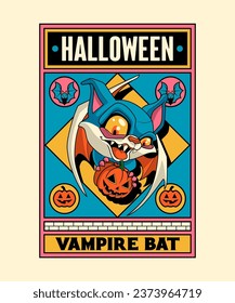 Halloween Vampire Bat. Spooky Horror Cartoon On Art Deco Illustration Style.