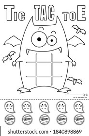 Halloween vampire bat tic tac toe printable board game paper toy for kid. Halloween tic tac toe game. Color, print, and cut out paper toy.