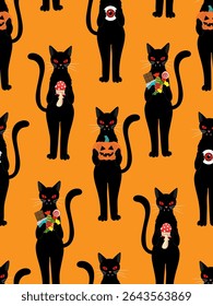 halloween vampire black cat seamless pattern with candy, pumpkin, mushroom and eyeball on orange background – spooky cute cartoon poster design fabric  paper