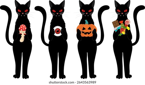 halloween vampire cats clipart set with black cats holding mushroom, eyeball, pumpkin, chocolate and candy isolated on white background in flat cartoon style