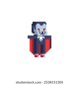 Halloween vampire character, pixel art, cute costume kids. Isolated vector illustration.