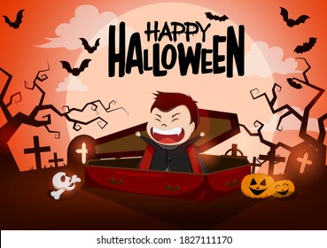 Diseño de fondo vectorial de carácter vampiro de Halloween. Feliz texto de halloween con graciosos personaje vampiro en el ataúd y el espeluznante fondo del cementerio para truco de horror o para tratar el diseño. Ilustración del vector 