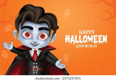 Halloween vampire character vector design. Happy halloween greeting text with friendly cute costume boy vampire zombie character for trick or treat horror party. Vector illustration greeting.