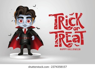 Halloween vampire character vector design. Trick or treat greeting text with boy vampire character in podium stage for product display background. Vector illustration horror party invitation card.
