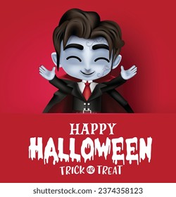 Halloween vampire character vector template design. Happy halloween greeting text in red space for typography with vampire boy character horror seasonal background. Vector illustration party 