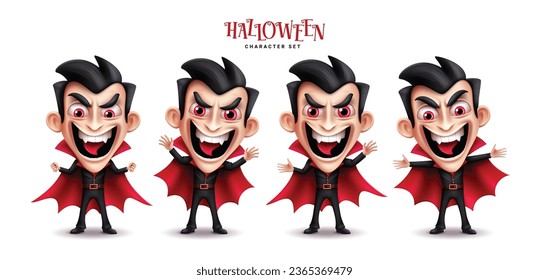 Halloween vampire characters vector set design. Halloween dracula character collection in standing pose, happy face and naughty facial expression isolated in white background. Vector illustration