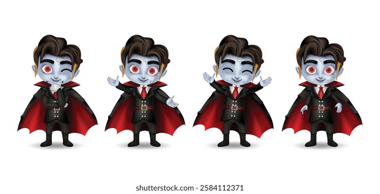 Halloween vampire characters vector set design. Vampire young boy in standing poses and cute friendly smiling face character collection. Vector illustration kids party vampire costume collection.
