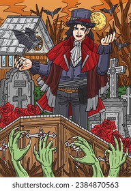 Halloween Vampire and Coffin Colored Cartoon 