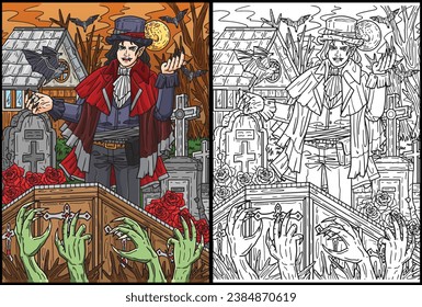 Halloween Vampire and Coffin Coloring Illustration