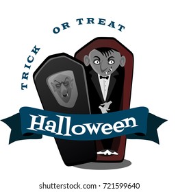 Halloween vampire in coffin, Draculas monster in cloak flat vector illustrations, good for party invitation or flyer, greeting card
