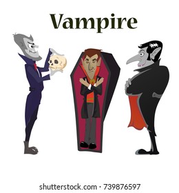 Halloween vampire in coffin, Draculas monster in cloak flat vector illustrations, good for party invitation or flyer, greeting card