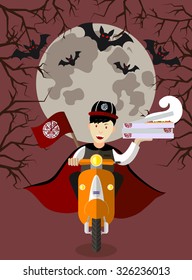 Halloween vampire food-delivery boy on a scooter with boxes of pizza, flat design, holiday. Background with a trees branches and fool moon