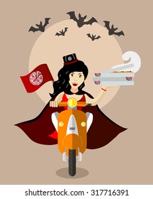 Halloween vampire food-delivery girl on a scooter with boxes of pizza, flat design, holiday