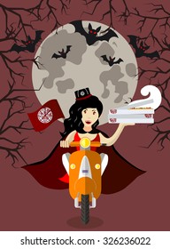 Halloween vampire food-delivery girl on a scooter with boxes of pizza, flat design, holiday. Background with a trees branches and fool moon
